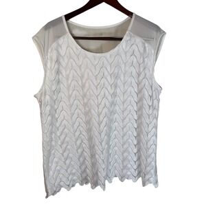 Roz & Ali White Sleeveless Top Plus Sz 2X Chevron Lace Overlay Semi-Sheer Blouse